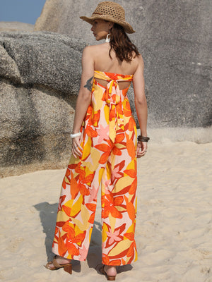 Floral print strapless jumpsuit in tangerine with tie back detail