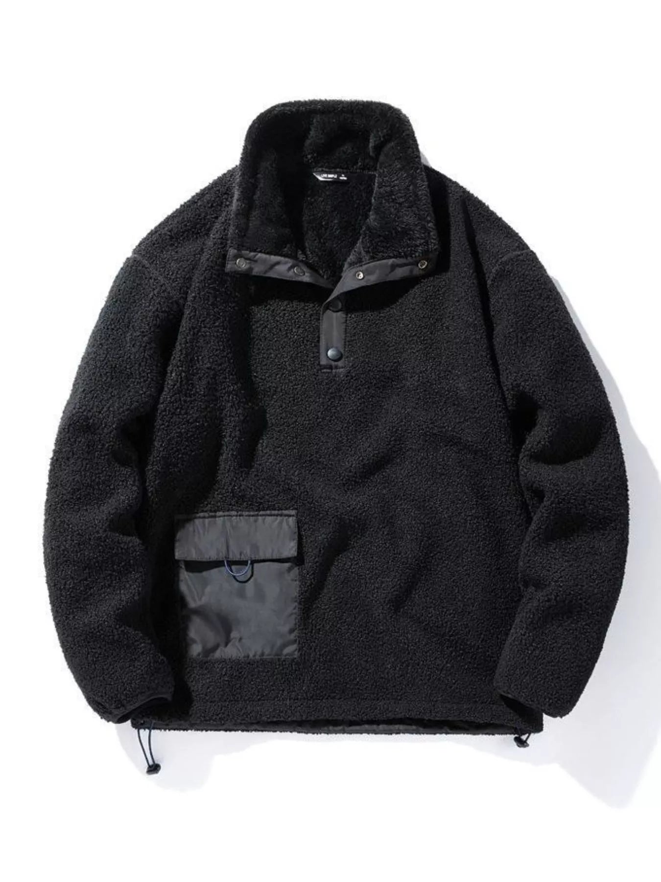 Black fleece pullover sweatshirt with snap collar, chest pocket, and drawstring hem.