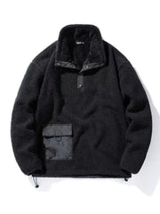 Black fleece pullover sweatshirt with snap collar, chest pocket, and drawstring hem.