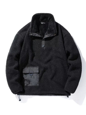 Black fleece pullover sweatshirt with snap collar, chest pocket, and drawstring hem.