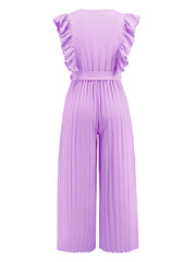 Pink purple pleated ruffle wrap jumpsuit with belt and wide legs
