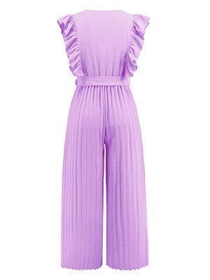 Pink purple pleated ruffle wrap jumpsuit with belt and wide legs
