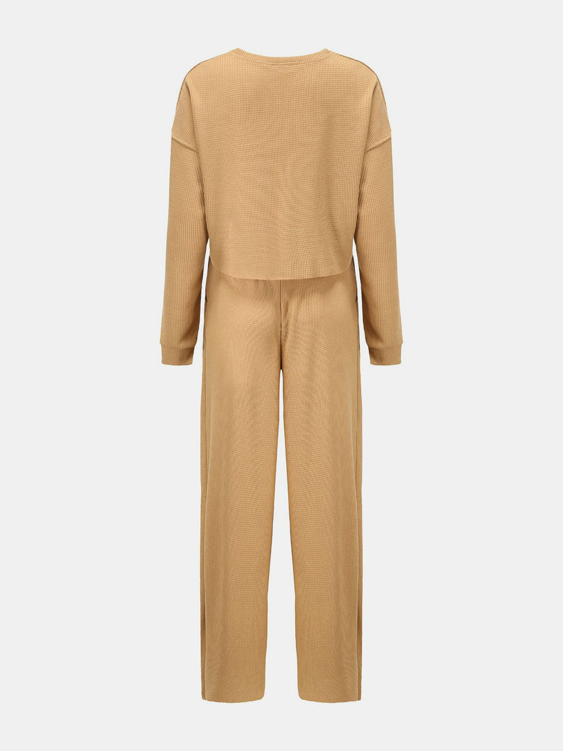 Waffle knit cropped lounge set in mocha, featuring a crewneck top and wide-leg pants.