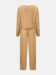 Waffle knit cropped lounge set in mocha, featuring a crewneck top and wide-leg pants.