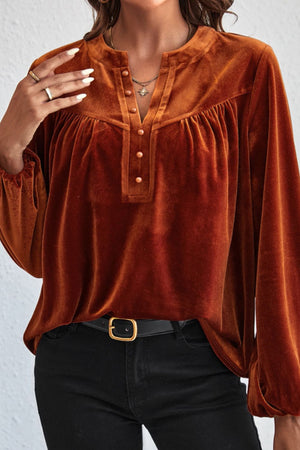 Brown velvet henley blouse with gathered detail and button placket