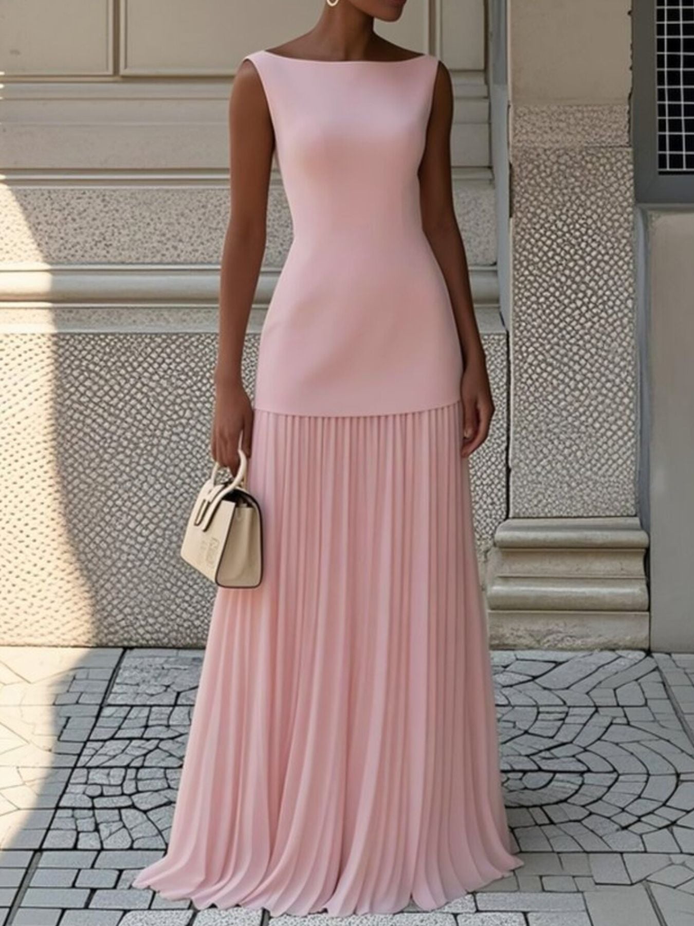 Pink sleeveless boat neck top with pleated maxi skirt set.