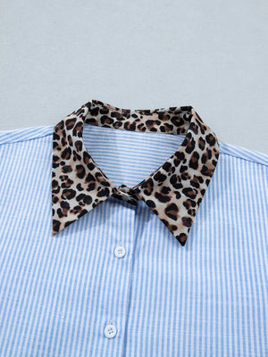 Blue striped button-down shirt with leopard print collar detail