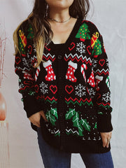 Black acrylic Fair Isle knit cardigan with Christmas motifs, v-neck, button front, pockets.
