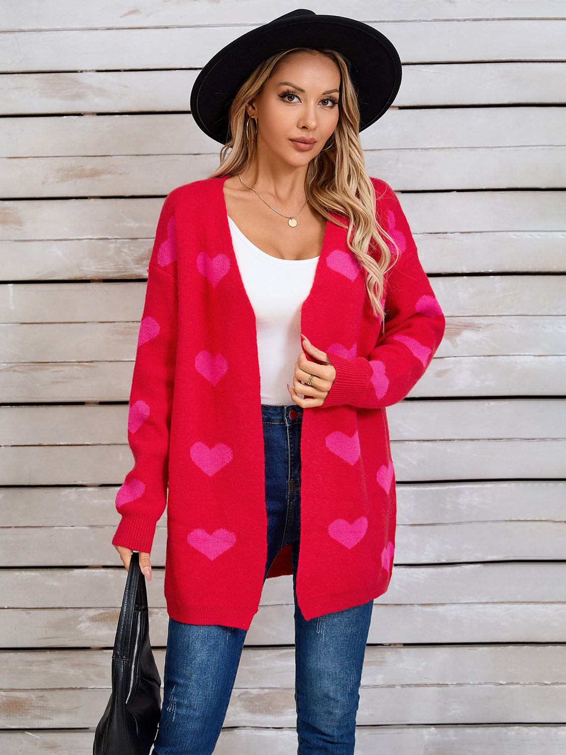 Romantic Heart Intarsia Knit Cardigan in Scarlet with pink hearts, acrylic, open front, long sleeves.
