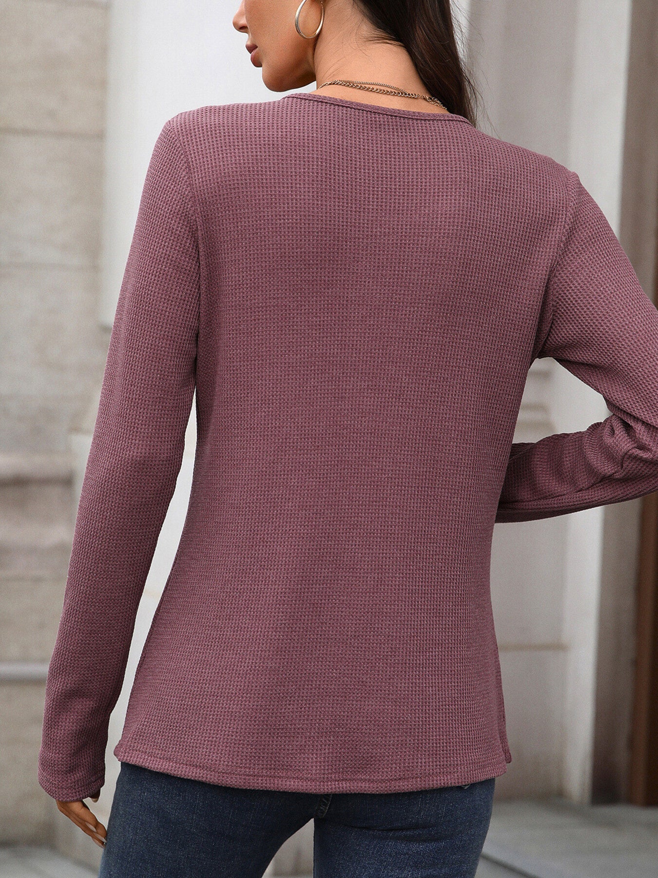 Waffle knit long sleeve t-shirt in apricot with a crew neck.