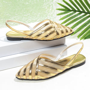 Chic mesh pointed slingback flats in gold with metallic stripes and elastic heel strap.