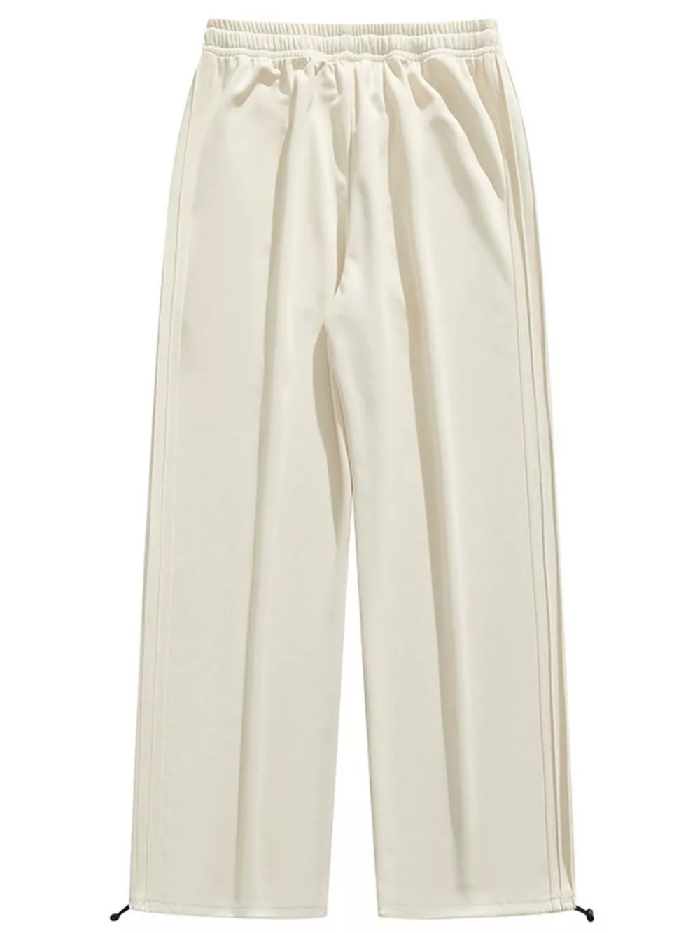Lightweight beige men's sweatpants with wide legs and drawstring ankles.