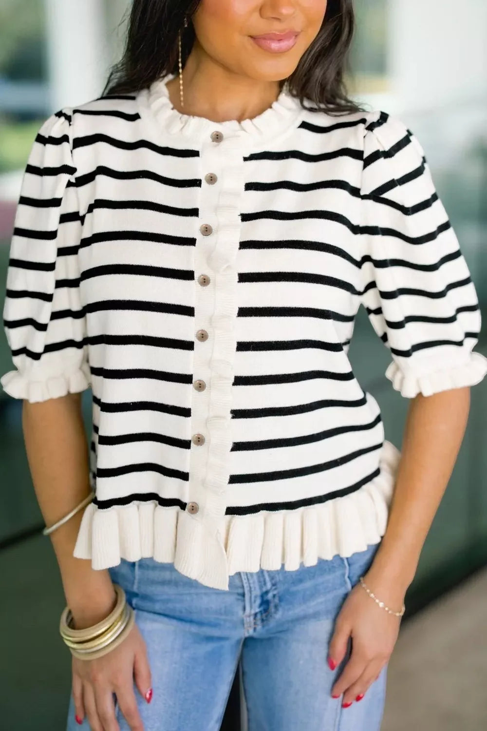 Black and white striped maternity cardigan with ruffle trim and buttons