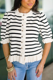 Black and white striped maternity cardigan with ruffle trim and buttons