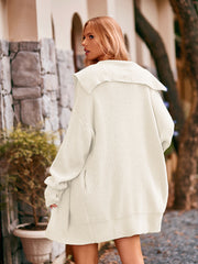 Cream knit cocoon cardigan with oversized collar and pockets, acrylic.