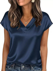 Navy blue satin V-neck short sleeve maternity shirt with a relaxed fit.