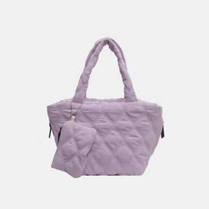 Quilted lilac tote bag with matching pouch and top handles