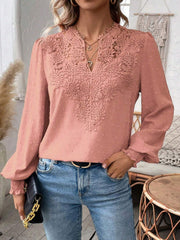 Pink purple blouse with embroidered yoke and puff sleeves
