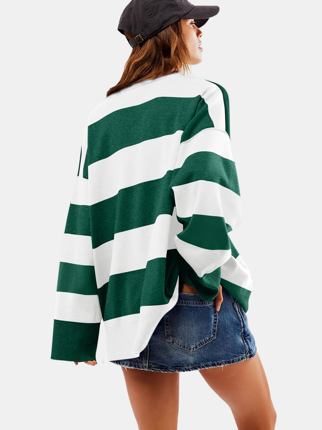 Oversized dark green and white striped zip-up pullover with long sleeves.