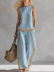 Light blue sleeveless tank and wide-leg pant set with yellow trim, polyester.