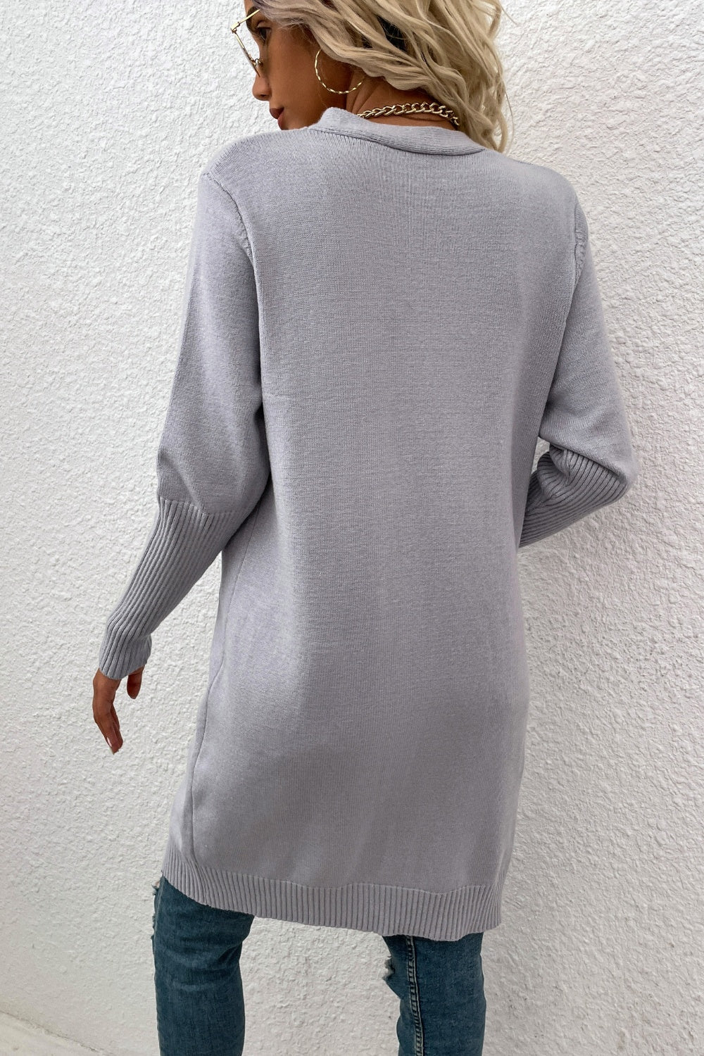 Charcoal ribbed cuff open-front cardigan with a relaxed fit.