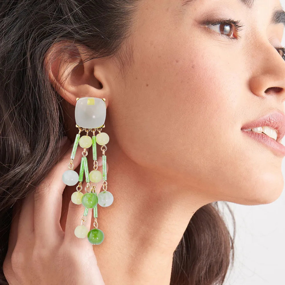 Beaded cascade statement earrings in green and light blue, featuring acrylic beads and alloy accents.