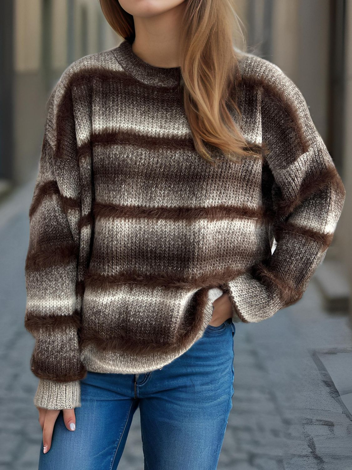 Ombre stripe fluffy knit crewneck jumper in brown with fuzzy horizontal stripes.