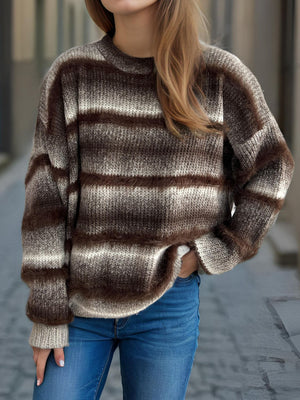 Ombre stripe fluffy knit crewneck jumper in brown with fuzzy horizontal stripes.