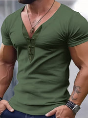 Men's green short sleeve t-shirt with V-neck and button detail