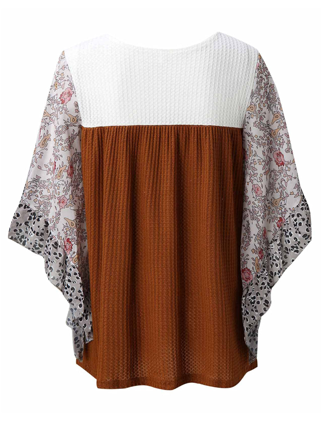 Textured panel blouse with flutter sleeves, white waffle knit top, brown ribbed body, and floral print sleeves.