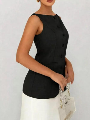 Black sleeveless button-down vest with boat neckline and tailored fit.