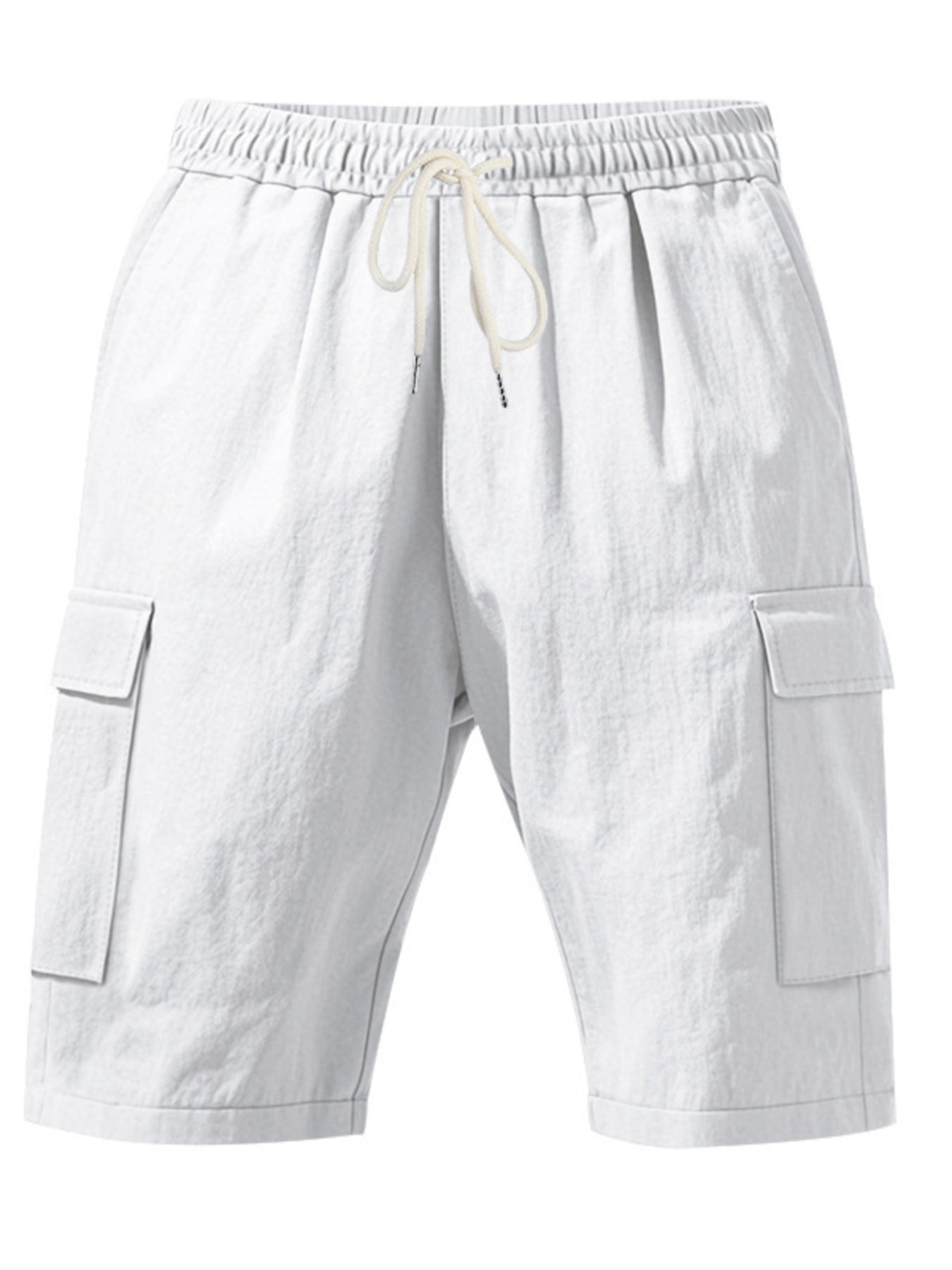 Men's white casual cargo shorts with drawstring and side pockets