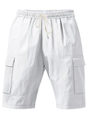 Men's white casual cargo shorts with drawstring and side pockets
