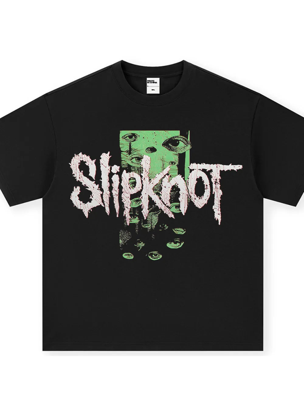 Black cotton crew neck t-shirt with vintage Slipknot graphic and eyes.