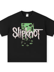 Black cotton crew neck t-shirt with vintage Slipknot graphic and eyes.