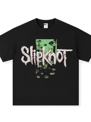 Black cotton crew neck t-shirt with vintage Slipknot graphic and eyes.