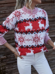 Cozy red and white snowflake and reindeer knit sweater with a mock neck.