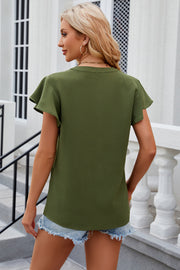 Matcha green flutter sleeve V-neck blouse with a casual, breathable fit.