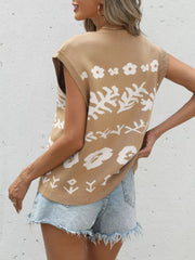 Tan floral pattern V-neck knit vest with sleeveless cut