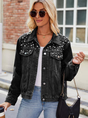 Black denim jacket with pearl embellishments and button front.
