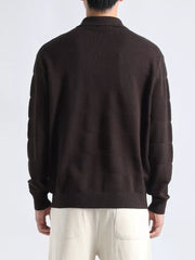 Men's brown knit polo shirt with textured pattern and button accents.