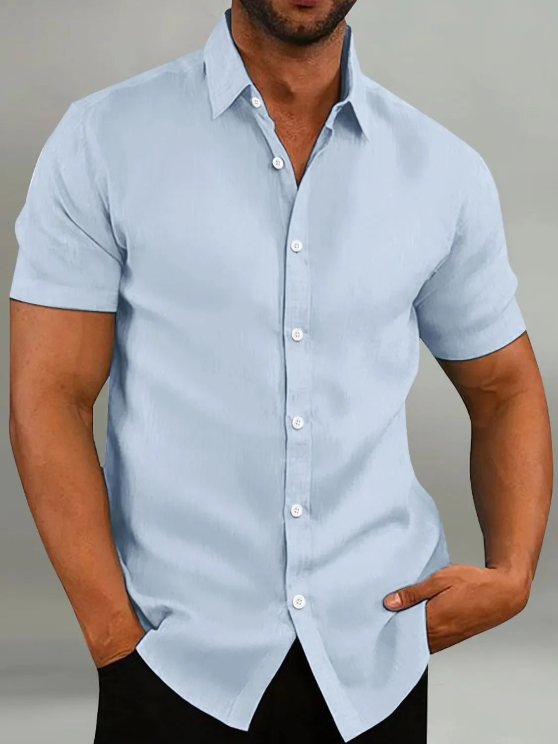 Light blue linen-blend short-sleeve button-down shirt with tailored fit.