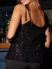 Black sequin cami top with tie shoulders and a flattering fit.