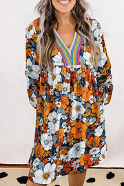 Boho Floral Print V-neck Mini Dress With Pockets in Multicolor, fit detail