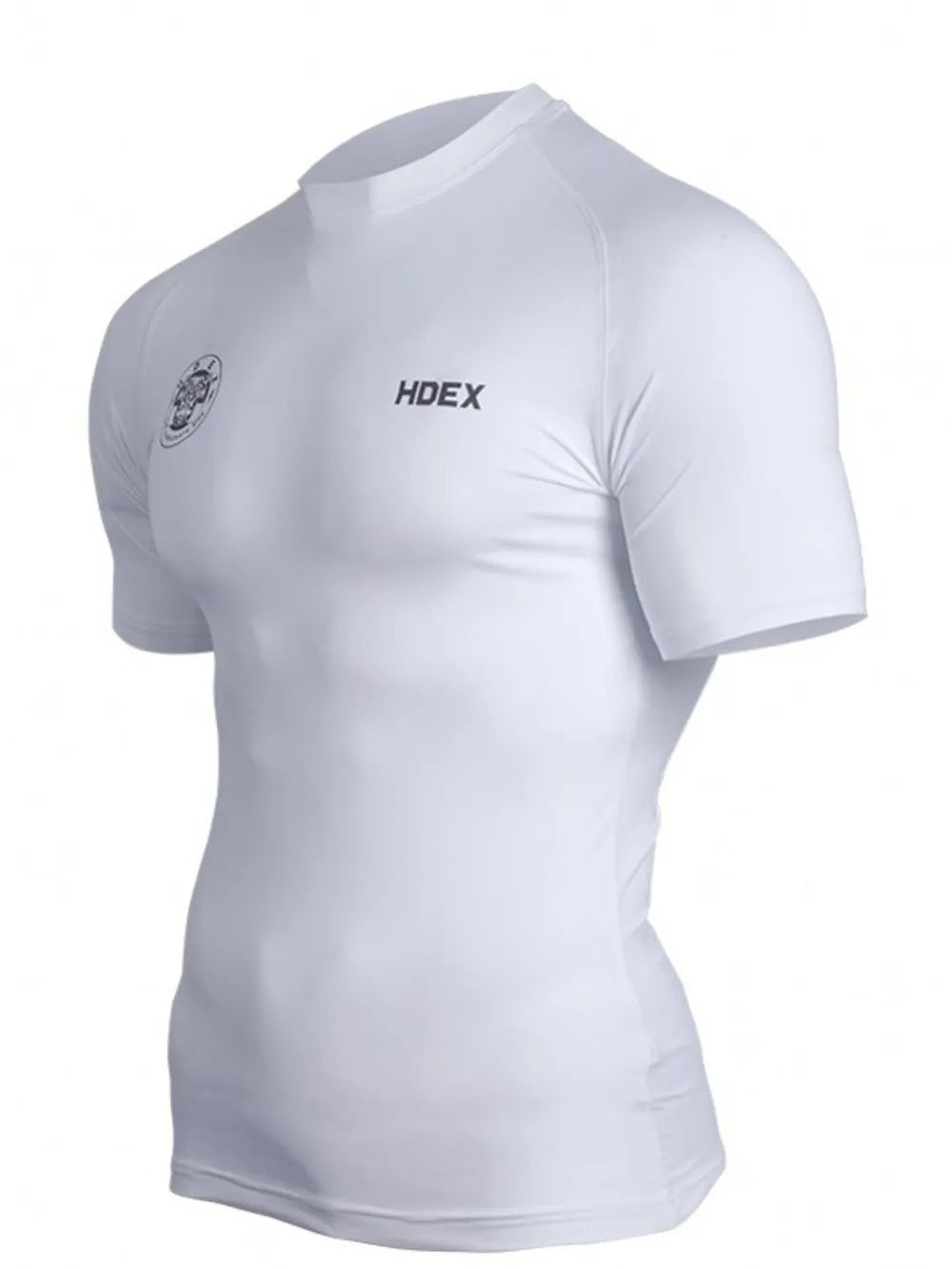 White performance fit crew neck tee with HDEX logo and emblem