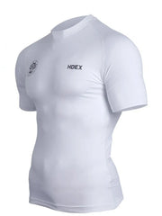 White performance fit crew neck tee with HDEX logo and emblem