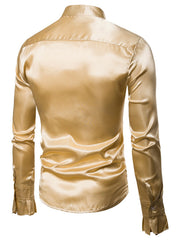 Men's satin button-down shirt in gold with ruffle cuffs and collar.