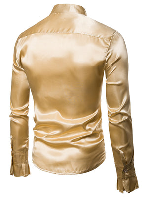 Men's satin button-down shirt in gold with ruffle cuffs and collar.