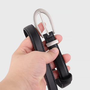 Black cowhide leather skinny belt with silver buckle detail