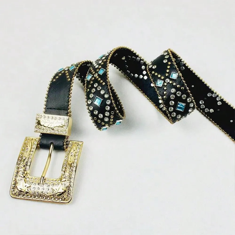 Black embellished western belt with rhinestones and a gold buckle